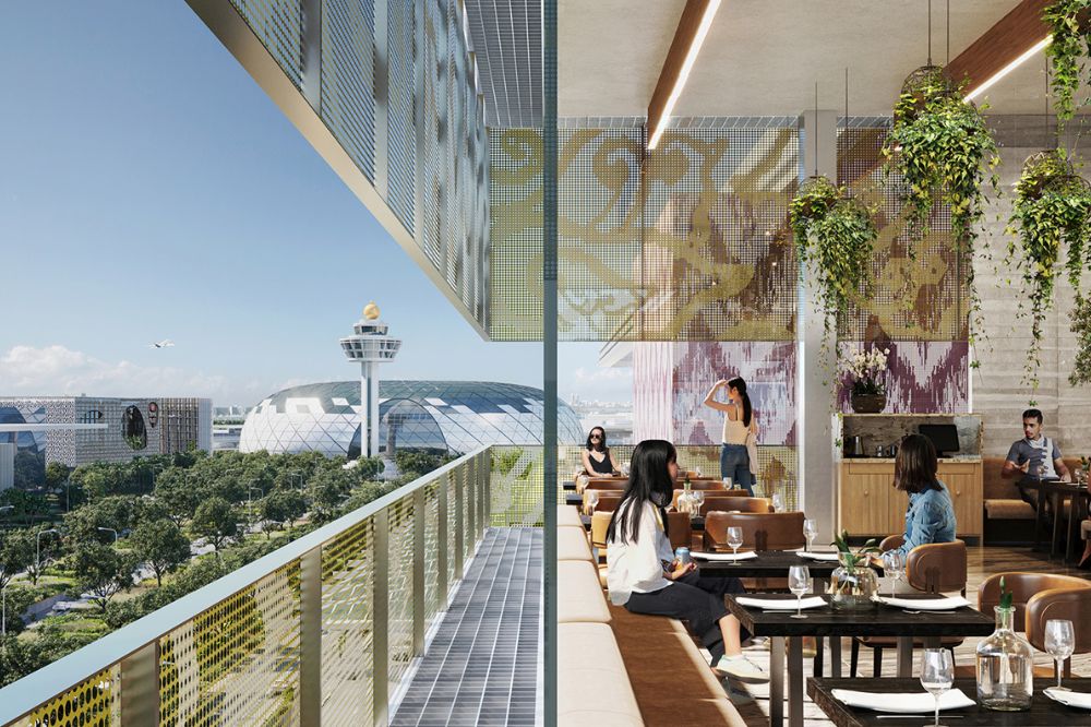 artist's impression of all-day dining venue with a view of Changi Airport skyline