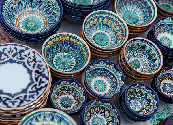Lively Uzbekistan patterns on handmade ceramic wares