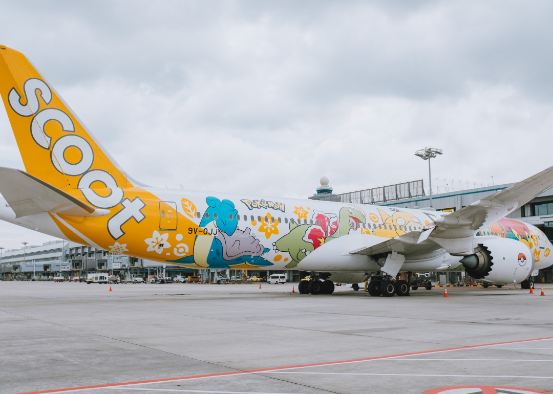 scoot aircraft with pokémon livery at singapore changi airport