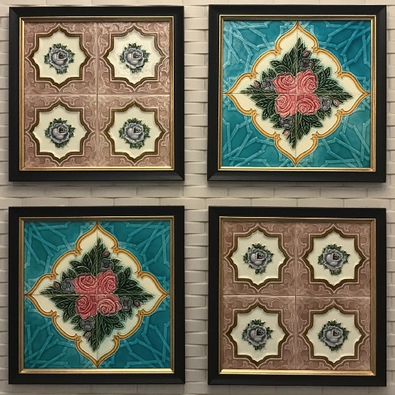 Peranakan tiles hanging on a toilet wall in Changi Airport