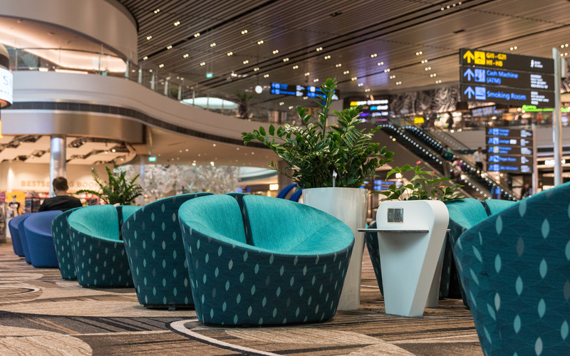 Turquoise lounge chairs printed with leaf motifs