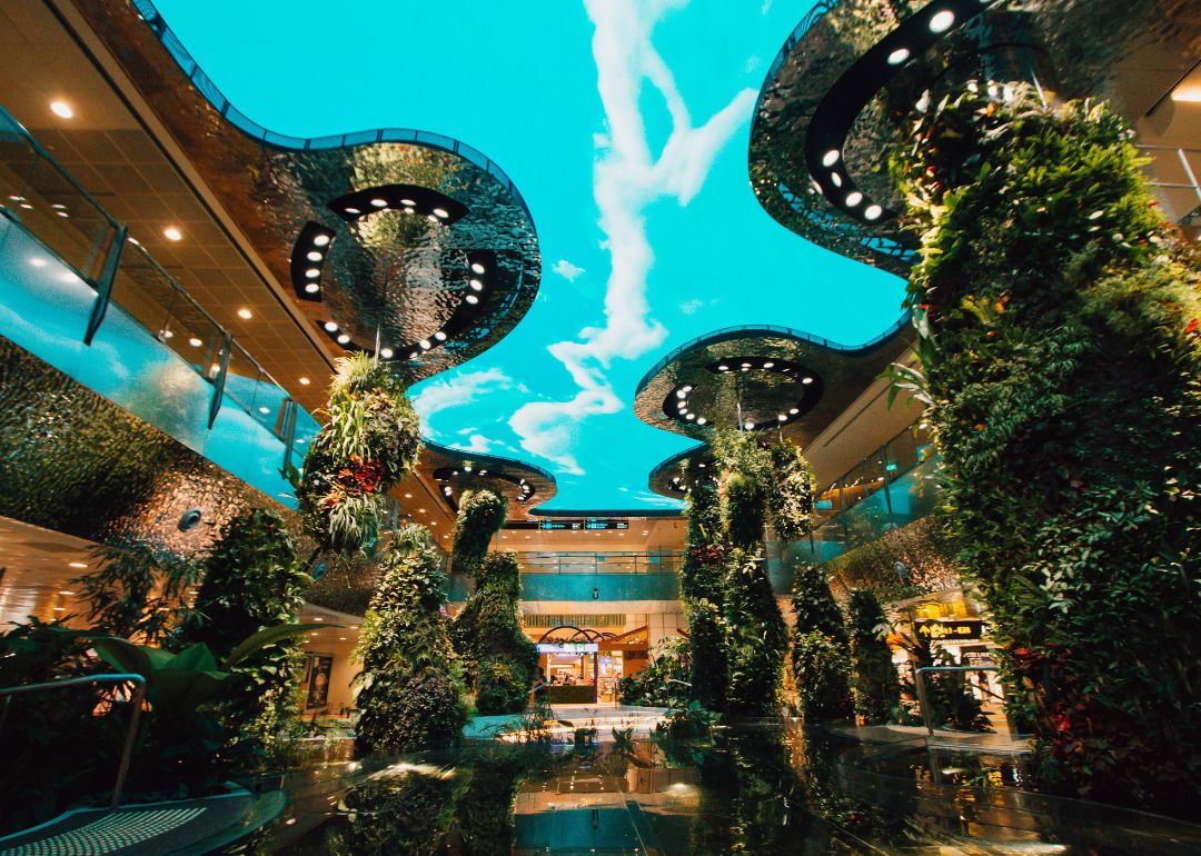 Dreamscape, a garden featuring a digital LED sky, and many upstanding plant structures at Terminal 2.