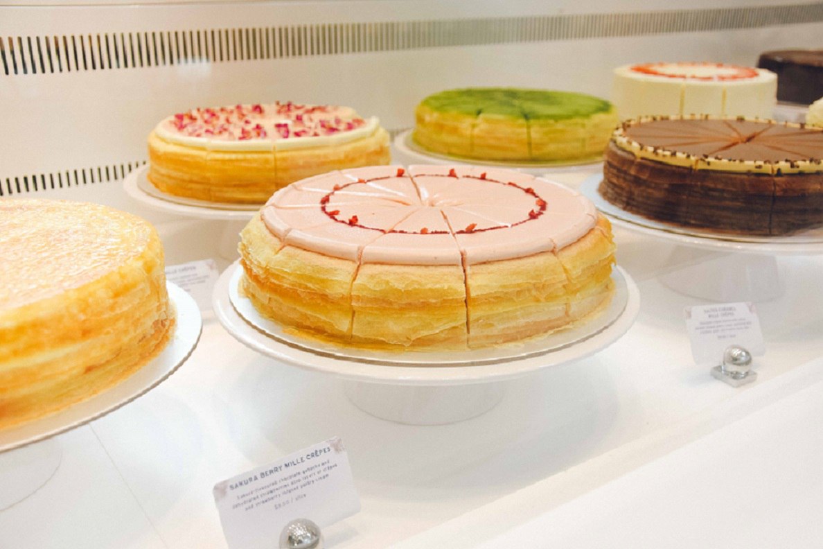Side angle of a variety of different-flavoured crepes from Lady M New York