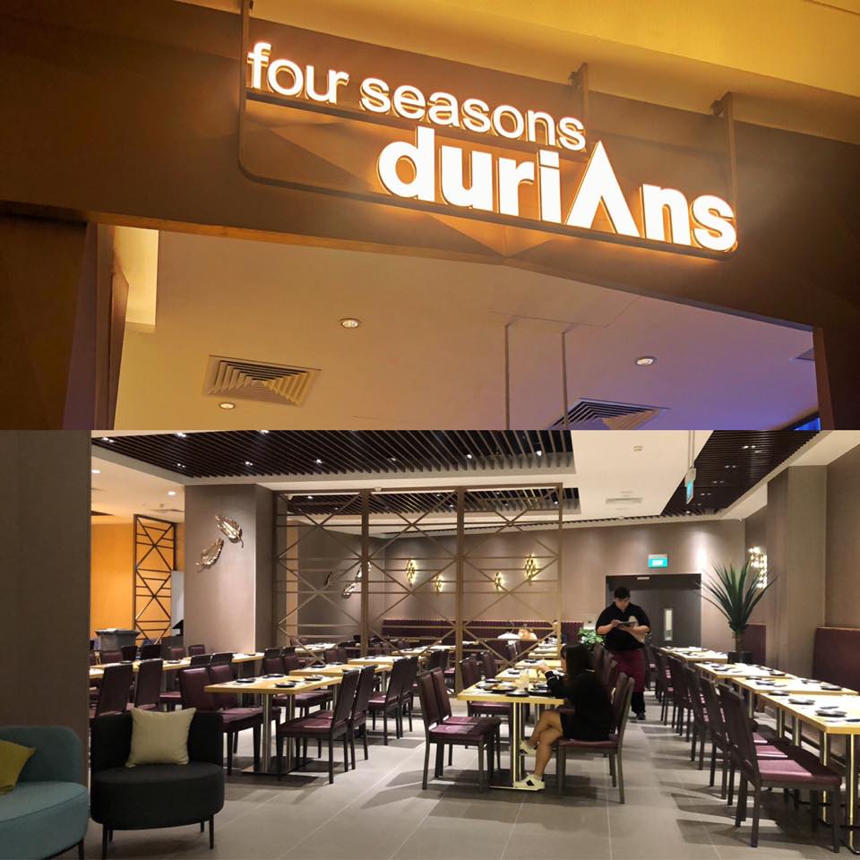 Composite picture of Four Seasons Durians name and interior sitting of restaurant