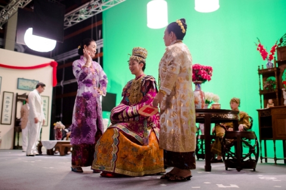 The cast in traditional Peranakan costumes during the filming stage