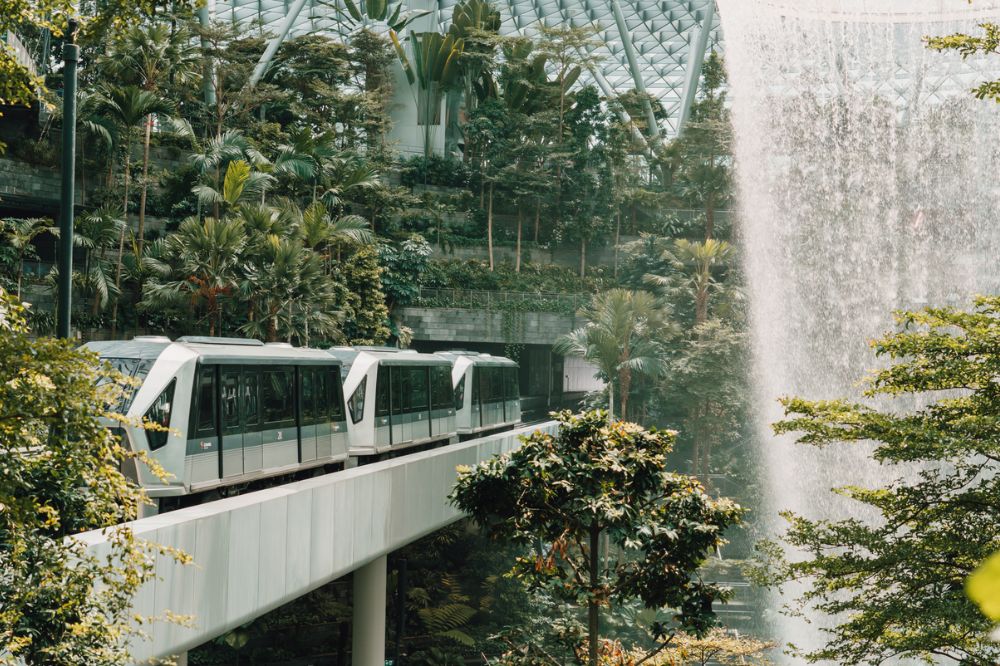 View of Skytrain travelling through Jewel Changi Airport