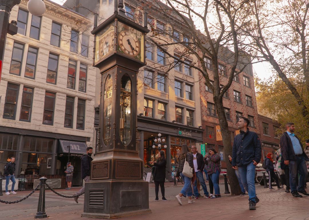 A crowd gathers in front of the Gastown Steam Clock located in Gastown, Vancouver