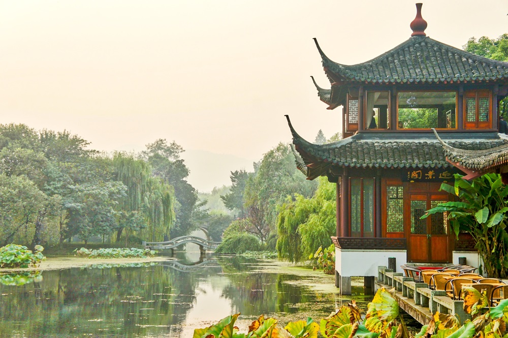 pagoda along west lake in hangzhou china