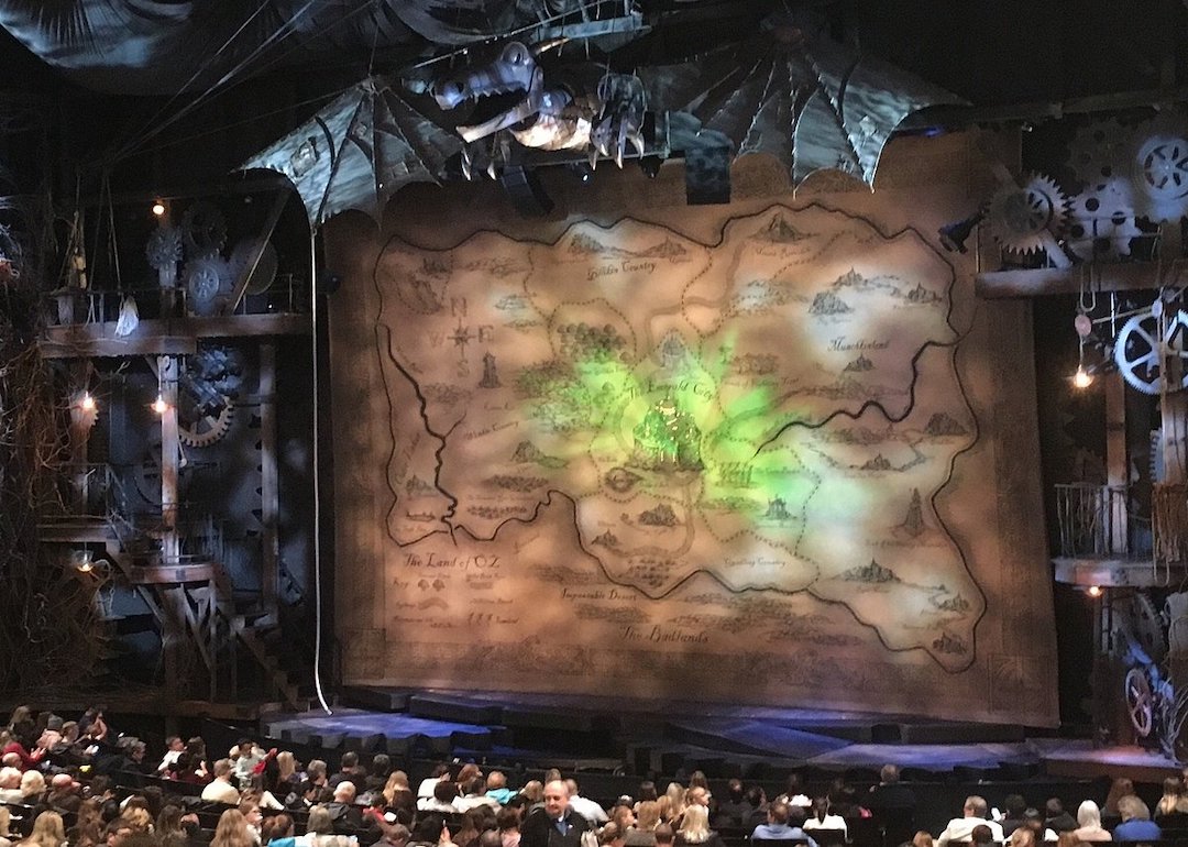 a scene of wicked being performed at gershwin theatre, new york city