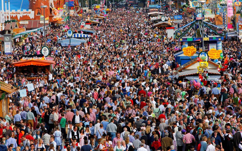Massive crowds of festival-goers at the Munich Oktoberfest