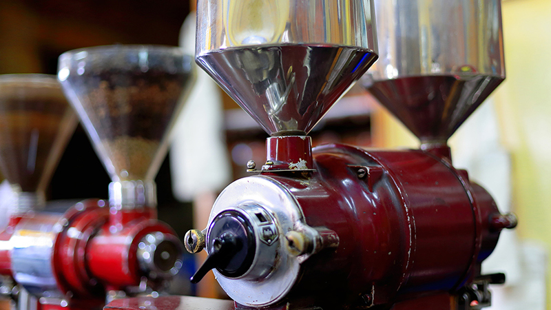 Italian-style vintage coffee grinders in a local coffee shop