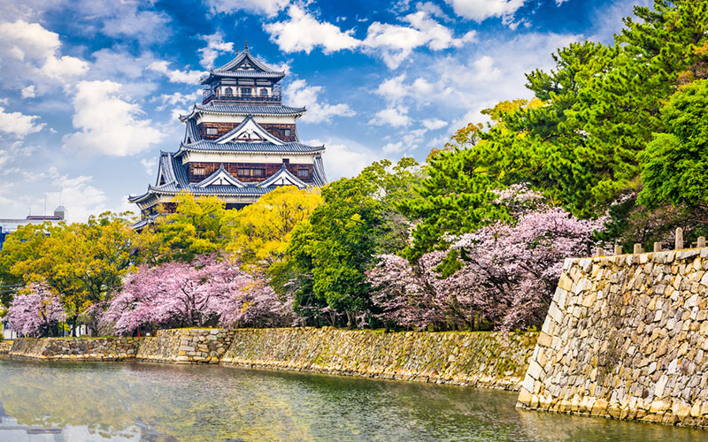 Sights of cherry blossoms at Hiroshima Castle during spring