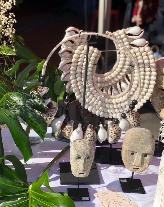 Beaded accessories on display at the market. 