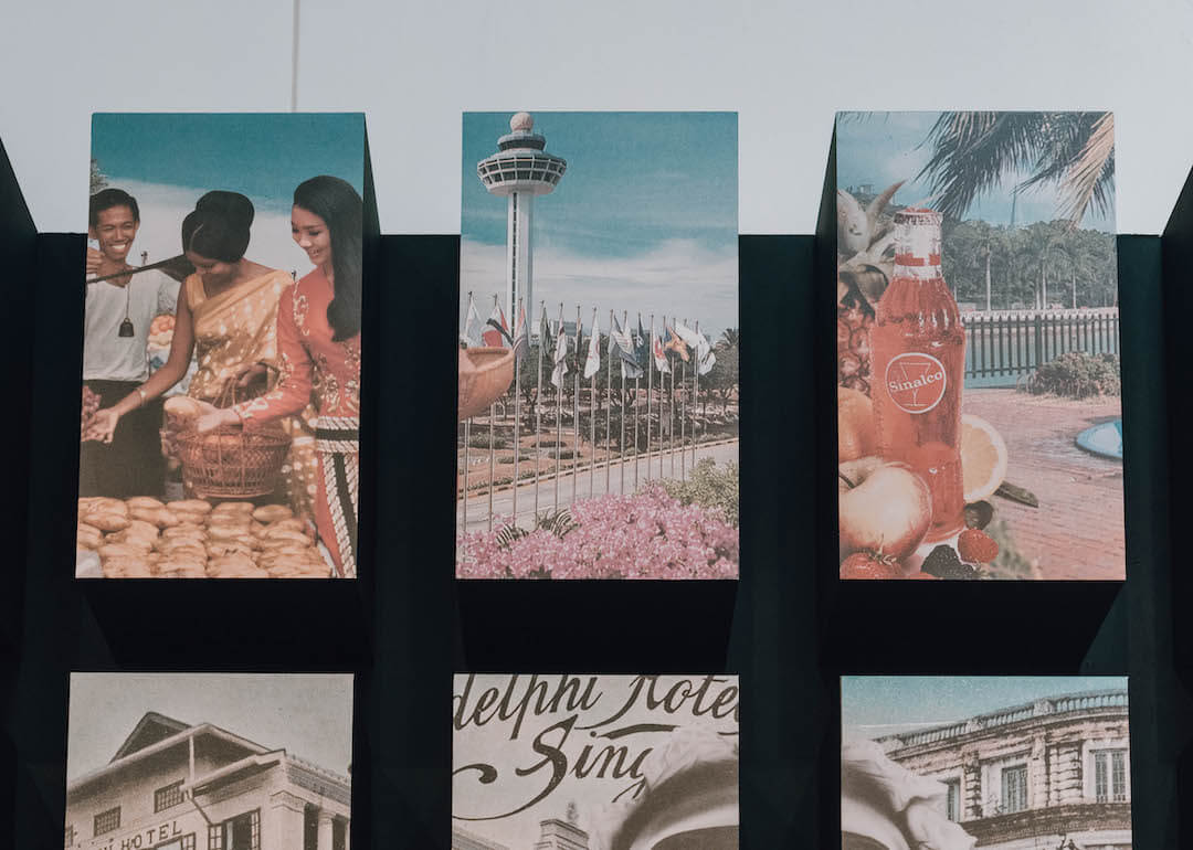 photo display featuring ladies shopping for pastries, the changi airport tower and a sinalco bottle drink