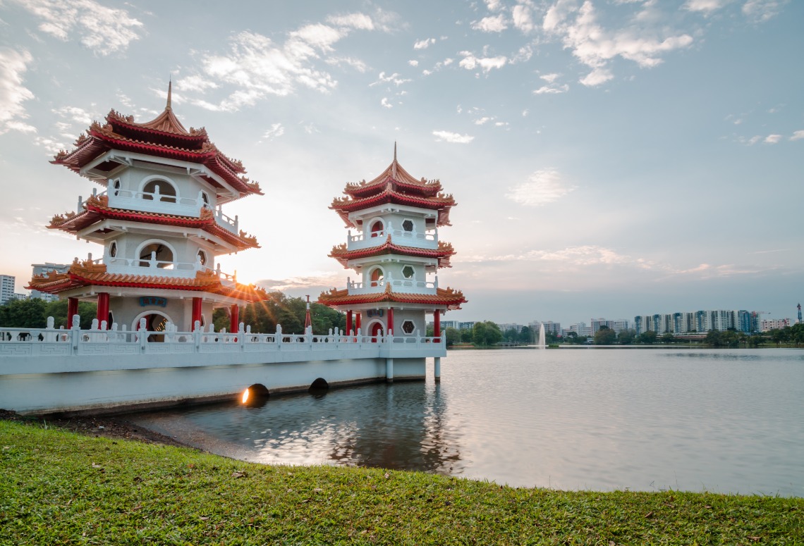 view of twin pagodas at jurong lake gardens, west singapore