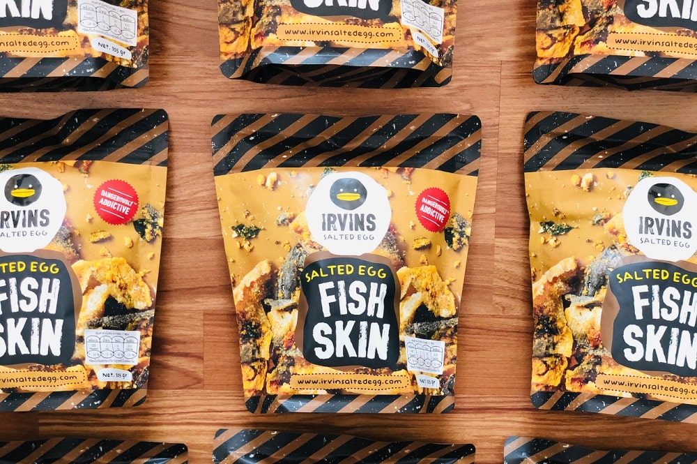 A row of Irvin’s famous Fish Skin snack with salted egg flavour
