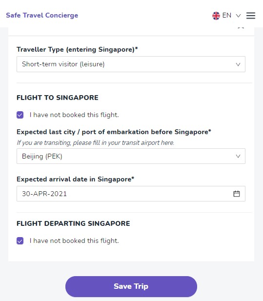 fill in details in safe travel concierge singapore