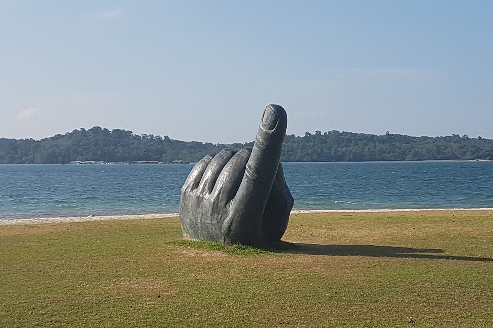 Coastal hand sculpture at Changi Beach